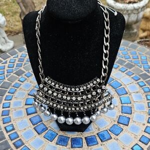 Gunmetal Tiered Rhinestone Necklace with Faux Pearl Fringe